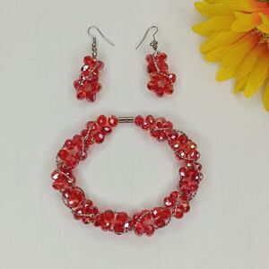 Red Crystal Faceted Bracelet & Earrings Brilliant 9.5" Demi-parure Jewelry Set